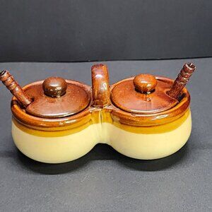 Vintage Stoneware Double Condiment Crock Set with Spoons and Lids